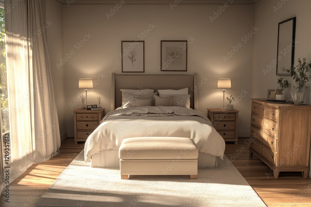 Sunny bedroom, calm interior design, morning light, wooden furniture, peaceful atmosphere, home decor Sunny bedroom, calm interior design, morning light, wooden furniture, peaceful atmosphere, home decor