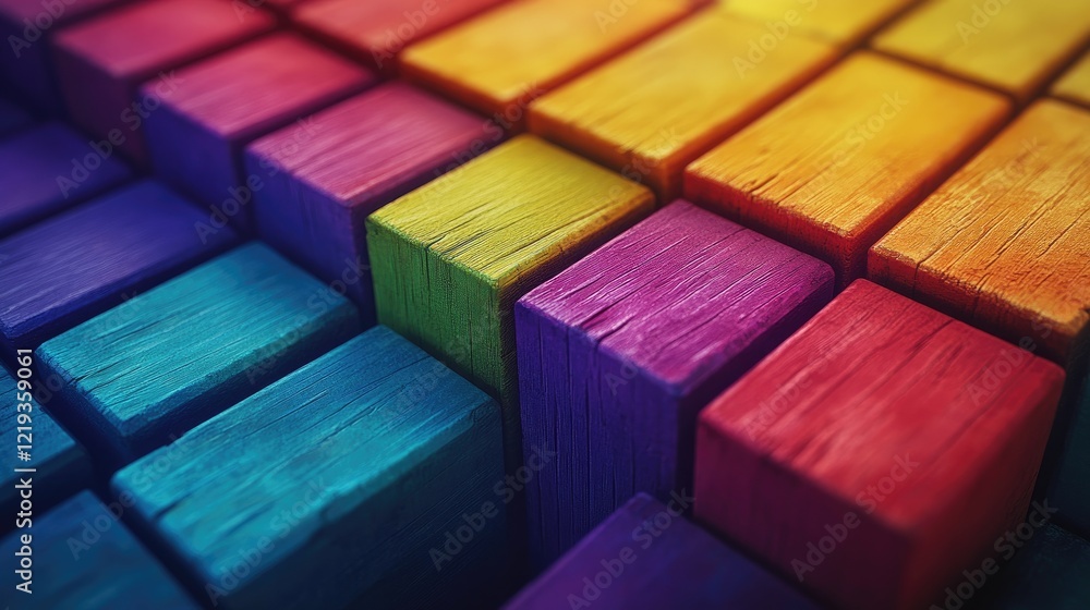 A vibrant top-down view of an abstract arrangement of wooden blocks in various heights and colors, A vibrant top-down view of an abstract arrangement of wooden blocks in various heights and colors,