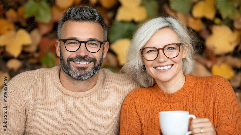A romantic couple enjoying a cozy moment together, smiling with autumn leaves in the background A romantic couple enjoying a cozy moment together, smiling with autumn leaves in the background