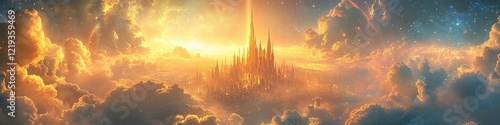  Celestial city with golden spires above glowing clouds, shimmering with divine energy. A faint rainbow halo in the distance adds to the heavenly, spiritual ambiance.