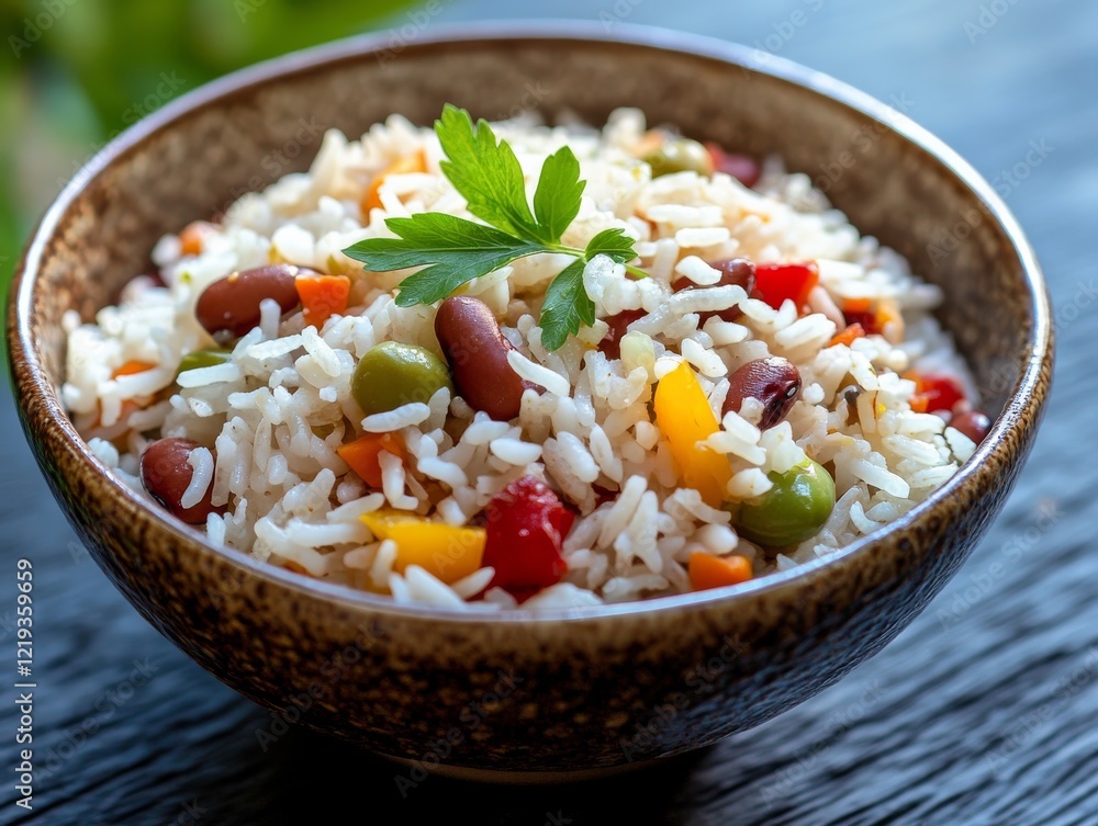 Cooked rice with beans and vegetables in a bowl. Steamed white rice mixed with beans and vegetables in a ceramic bowl. Emphasizing protein and balanced nutrition. Ideal for food blogs and quick meals. Cooked rice with beans and vegetables in a bowl. Steamed white rice mixed with beans and vegetables in a ceramic bowl. Emphasizing protein and balanced nutrition. Ideal for food blogs and quick meals.