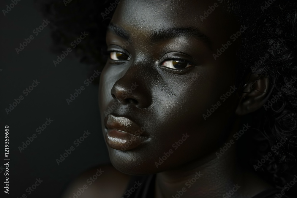 Studio portrait of a striking dark skinned model showcasing her unique beauty and curly hair Studio portrait of a striking dark skinned model showcasing her unique beauty and curly hair