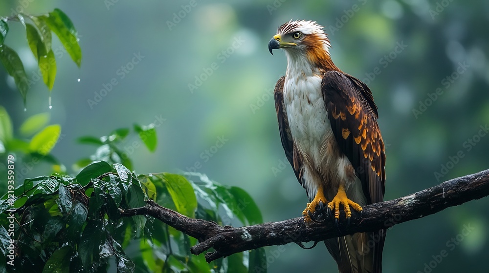 A Philippine eagle perched high on a tree branch overlooking its lush jungle habitat A Philippine eagle perched high on a tree branch overlooking its lush jungle habitat
