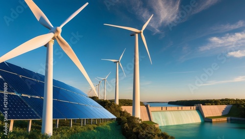 A vibrant collage showcasing wind turbines, solar panels, and hydro dams, celebrating renewable energy innovations this World Environment Day.