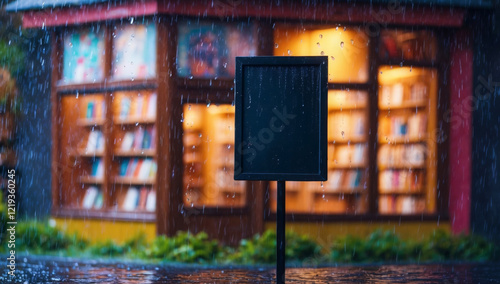 Empty black sandwich board contrasts beautifully with the blurred bokeh effect of a rainy day, set near a charming bookstore in the distance. photo