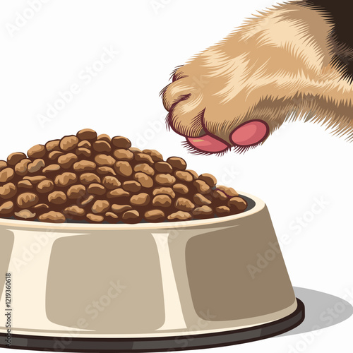 Illustration of a Bowl of Dry Pet Food with a Paw