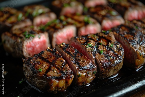 A juicy steak sizzling on a hot grill photo