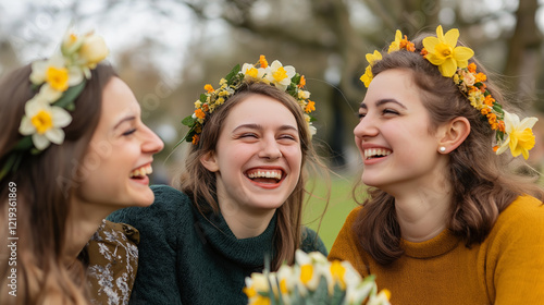 A joyful group of friends celebrating with daffodil crowns for St. David's Day in a park photo