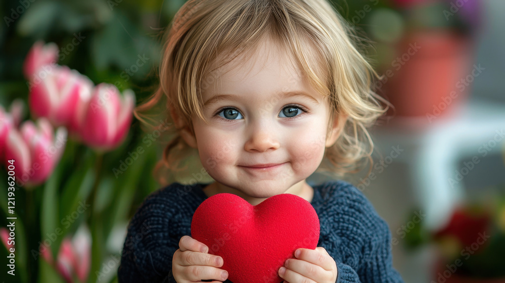 A cheerful toddler with curly hair smiles while holding a red heart shape. Bright pink tulips surround the child in a colorful indoor garden setting, radiating happiness A cheerful toddler with curly hair smiles while holding a red heart shape. Bright pink tulips surround the child in a colorful indoor garden setting, radiating happiness