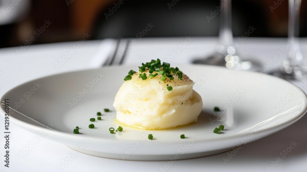 A portion of creamy mashed potatoes is artistically presented on a white plate, topped with fresh chives. This dish is part of a sophisticated meal in an upscale restaurant environment A portion of creamy mashed potatoes is artistically presented on a white plate, topped with fresh chives. This dish is part of a sophisticated meal in an upscale restaurant environment