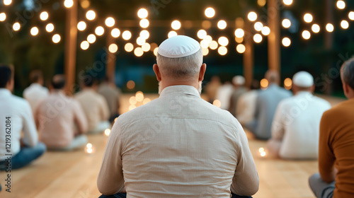 A group of people gathered for Tarawih prayer, united in spiritual reflection and devotion photo