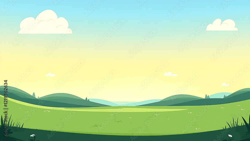 Fototapeta premium cartoon background green grass and blue sky