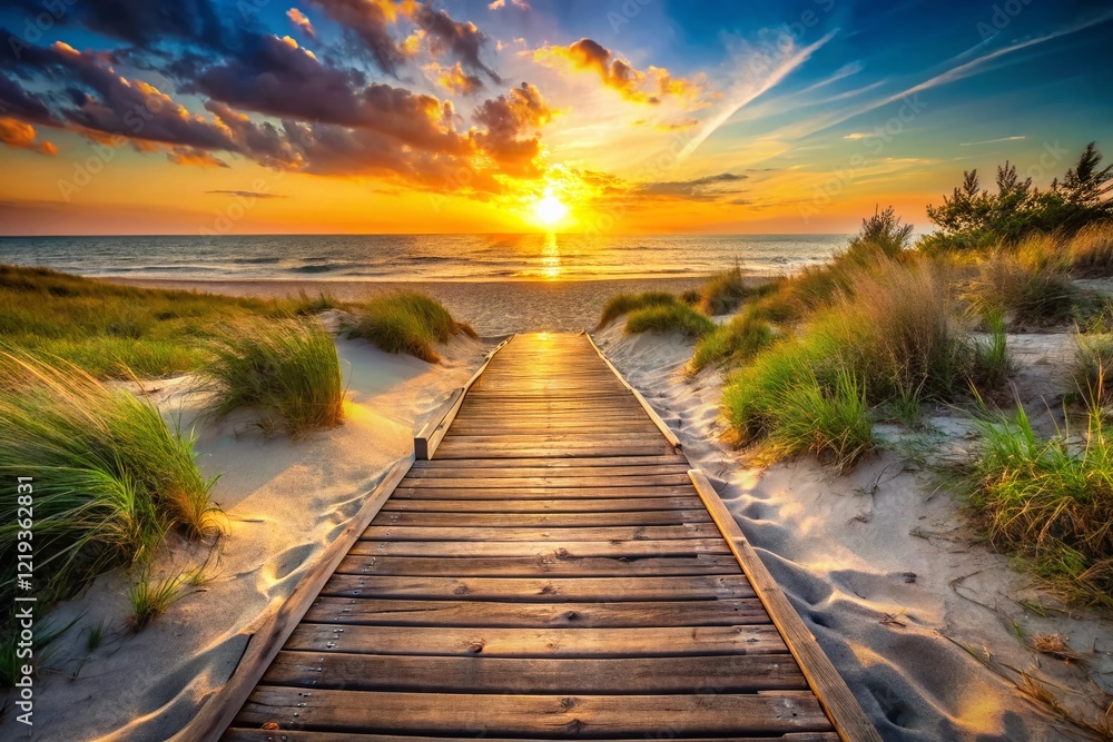 Fototapeta premium Rustic Wooden Walkway to Sandy Beach at Sunset - Coastal Path Stock Photo