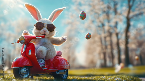 cute easter bunny wearing aviator sunglasses on a red retro moped against a spring park with easter egg in the air, motion blur background