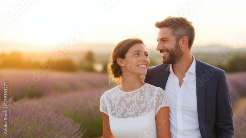 A couple sharing a romantic moment in a lavender field during golden hour photo