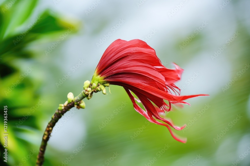 A single red flower sits amidst lush green foliage A single red flower sits amidst lush green foliage