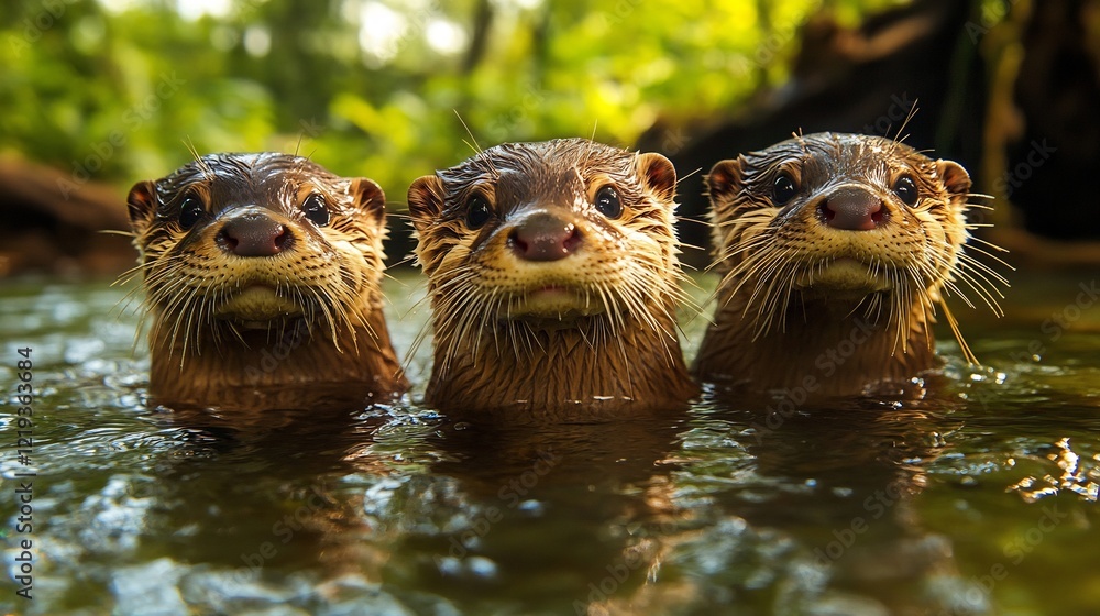 A playful family of otters swimming and interacting in a clear freshwater stream A playful family of otters swimming and interacting in a clear freshwater stream