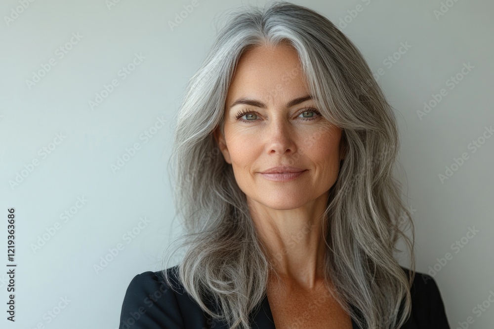 Fototapeta premium A senior woman wearing a black shirt and having grey hair, likely an elderly person
