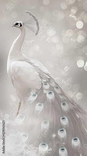 White peacock displaying feathers against a shimmering background photo