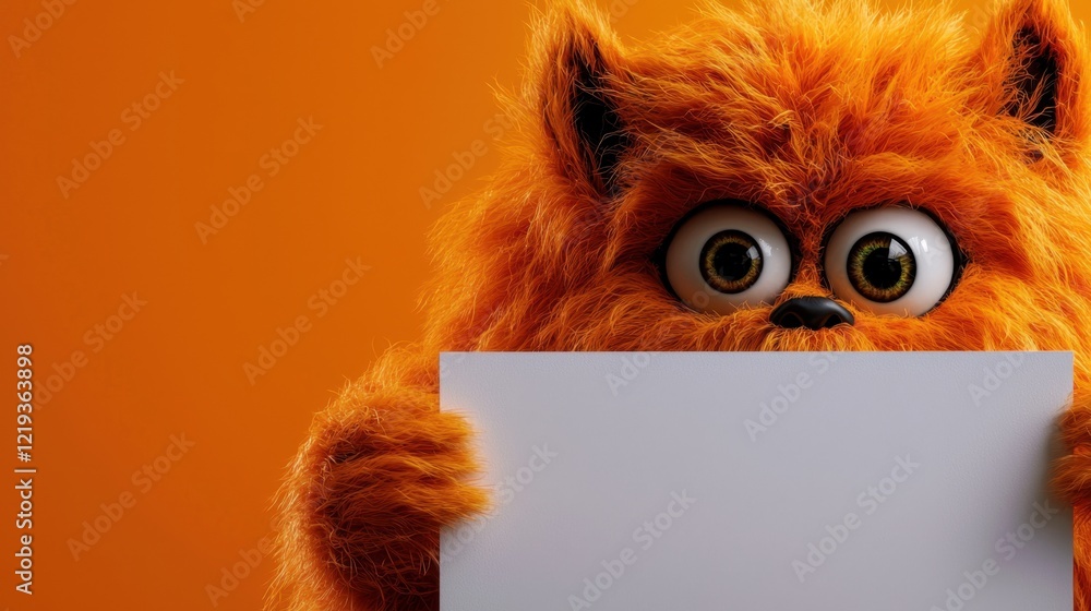 Obraz premium A fluffy orange character with large eyes stands against a bright orange backdrop while holding a blank sign. The setting radiates warmth and whimsy, encouraging imagination