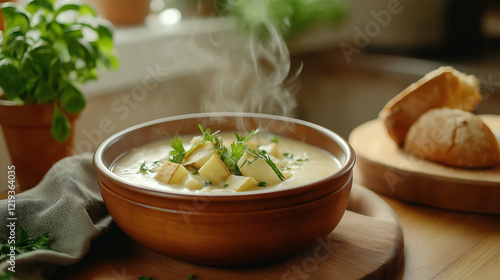 A close-up of a steaming bowl of leek and potato soup, garnished with fresh herbs and served with bread photo