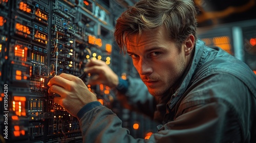 A person operating equipment in a poorly lit environment photo