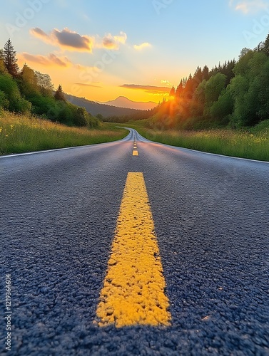 Sunset Highway: Serene Asphalt Road Leading to Majestic Mountains photo