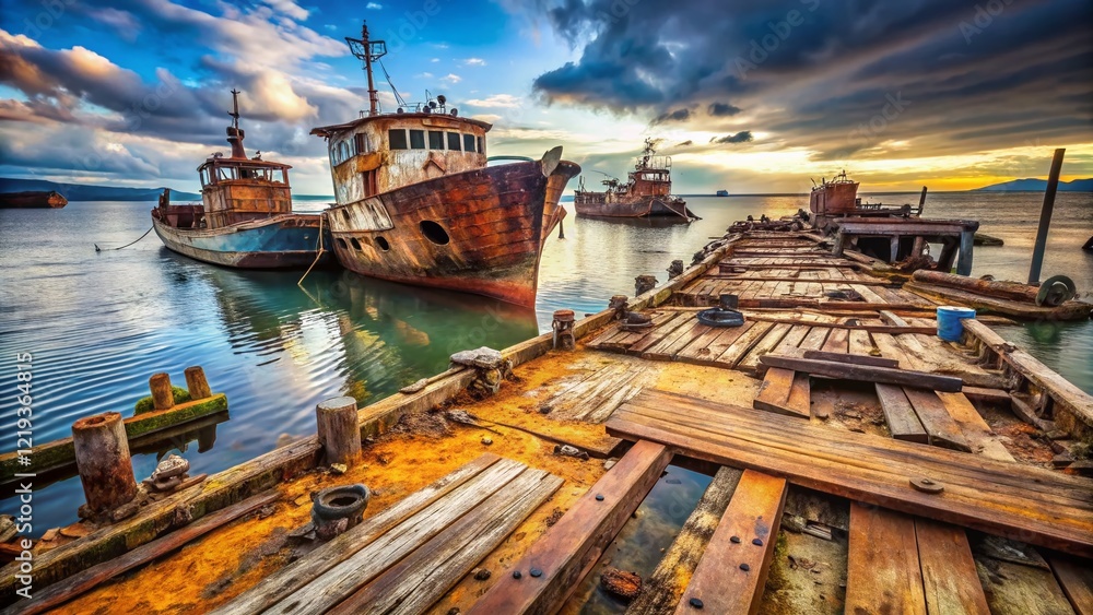 Rusty Old Ships and Barges at a Deserted Pier - High-Resolution Stock Photo Rusty Old Ships and Barges at a Deserted Pier - High-Resolution Stock Photo