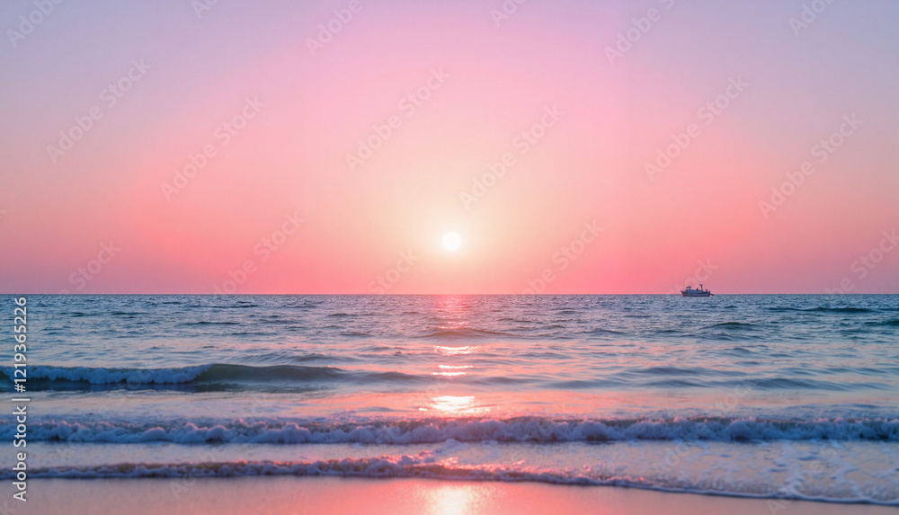 Obraz premium Tranquil ocean waves under a pink sunset sky, celebrating World Water Day