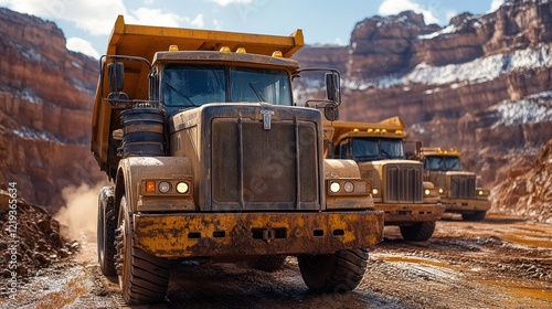 Two large yellow dump trucks drive on a dirt road in a quarry.