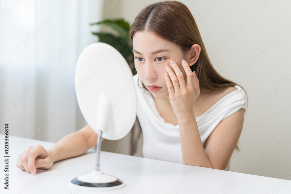 Puberty concept, worry asian young woman, stressed looking in mirror, cute girl allergy presenting allergic reaction from cosmetic on face. Beauty, health care from acne problem, dry skin, treatment. Puberty concept, worry asian young woman, stressed looking in mirror, cute girl allergy presenting allergic reaction from cosmetic on face. Beauty, health care from acne problem, dry skin, treatment.