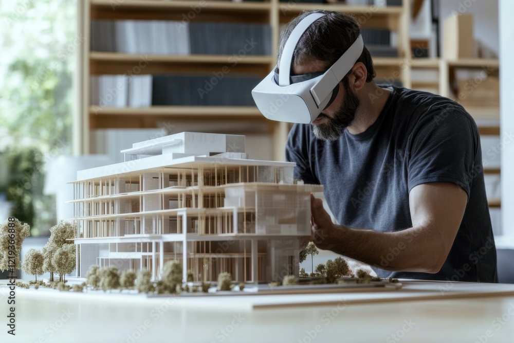 Architect experiencing virtual reality while working on a building model in a well-lit design studio setting Architect experiencing virtual reality while working on a building model in a well-lit design studio setting