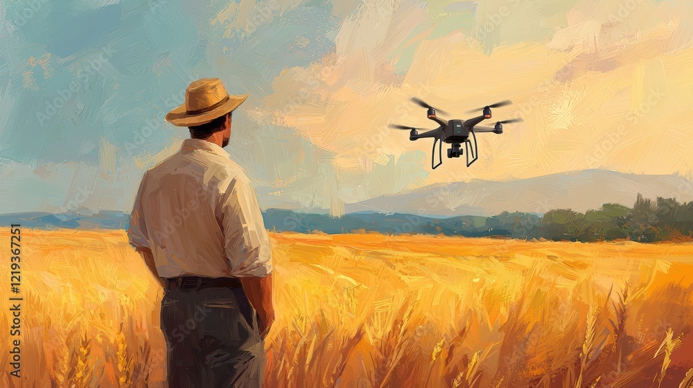Farmer Observing Drone Flying Over Golden Wheat Field Farmer Observing Drone Flying Over Golden Wheat Field