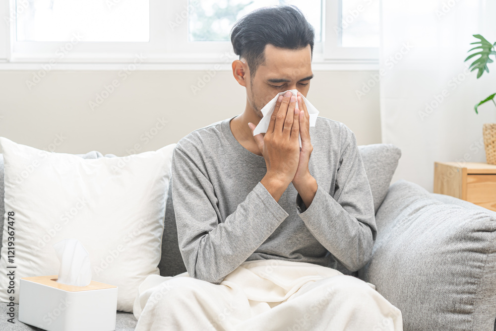 Sick, influenza asian young man have fever, hand blowing nose, sneezing in tissue at home while ill male suffering from flu sitting under blanket on couch. Health care with disease, pandemic virus. Sick, influenza asian young man have fever, hand blowing nose, sneezing in tissue at home while ill male suffering from flu sitting under blanket on couch. Health care with disease, pandemic virus.