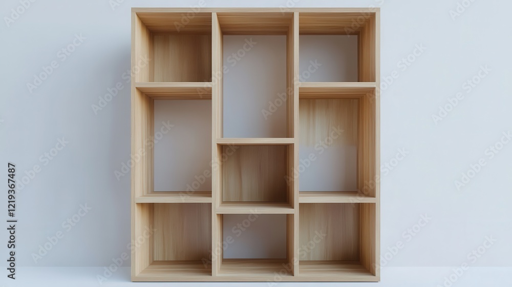 Modern Wooden Shelf with Geometric Compartments Modern Wooden Shelf with Geometric Compartments