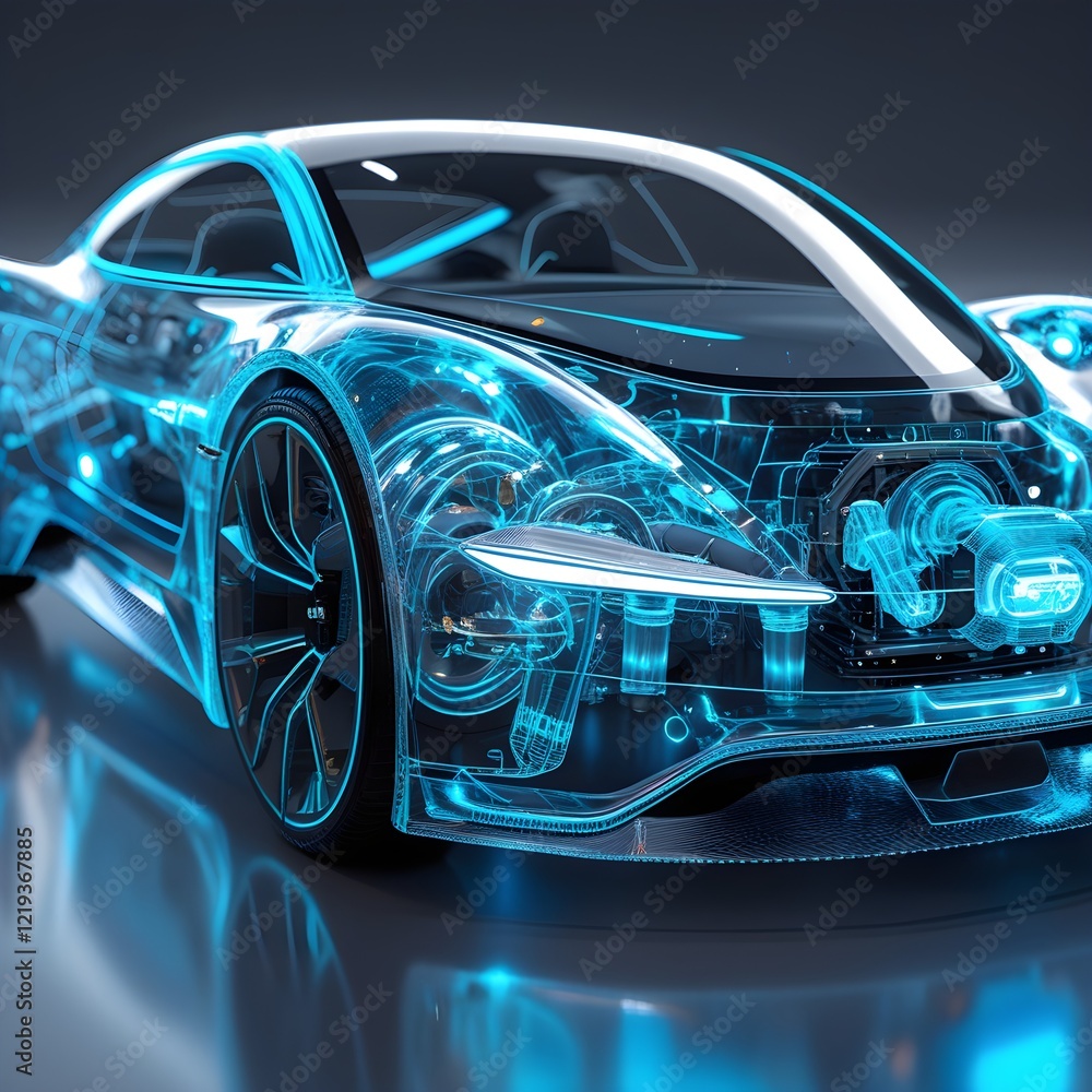 Fototapeta premium A dynamic 3D of a modern hydrogen car with semi transparent elements, showing a view of its internal