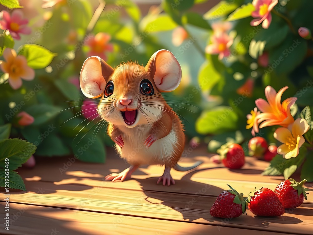 Obraz premium Brown and White Mouse Open Mouth Vibrant AI Photo