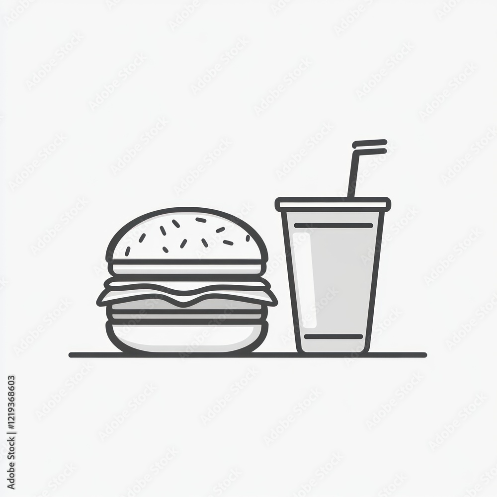 Minimalist drawing of a burger and drink on a white background, used for menus Minimalist drawing of a burger and drink on a white background, used for menus