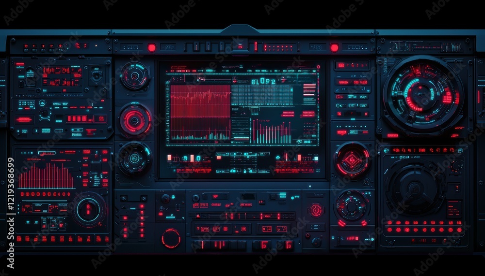 Futuristic Control Panel Interface With Red And Blue Neon Lights Futuristic Control Panel Interface With Red And Blue Neon Lights