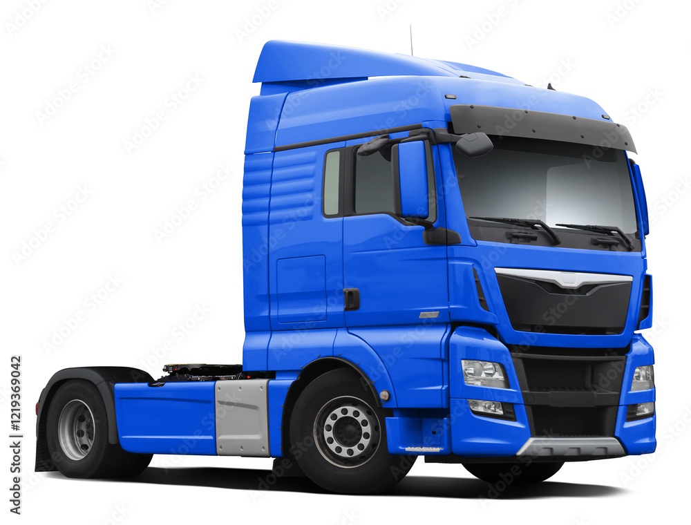 Fototapeta premium A modern European truck is completely light blue. Front side view isolated on white background.