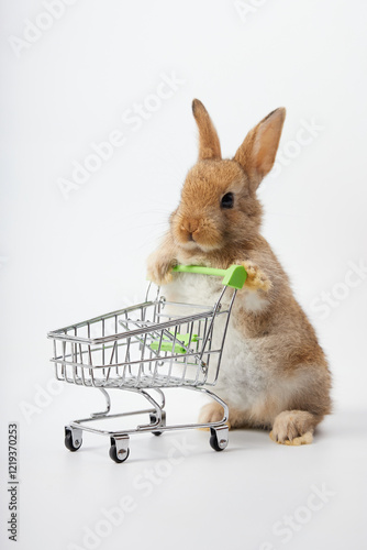 cute rabbit pushing empty shopping trolley cart and looking some food, isolated on white backgroundcute rabbit pushing empty shopping trolley cart and looking some food, isolated on white background photo