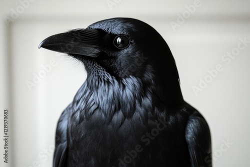 A close-up view of a black bird perched on a table photo