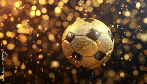 Golden Soccer Ball with Glitter and Confetti Celebration