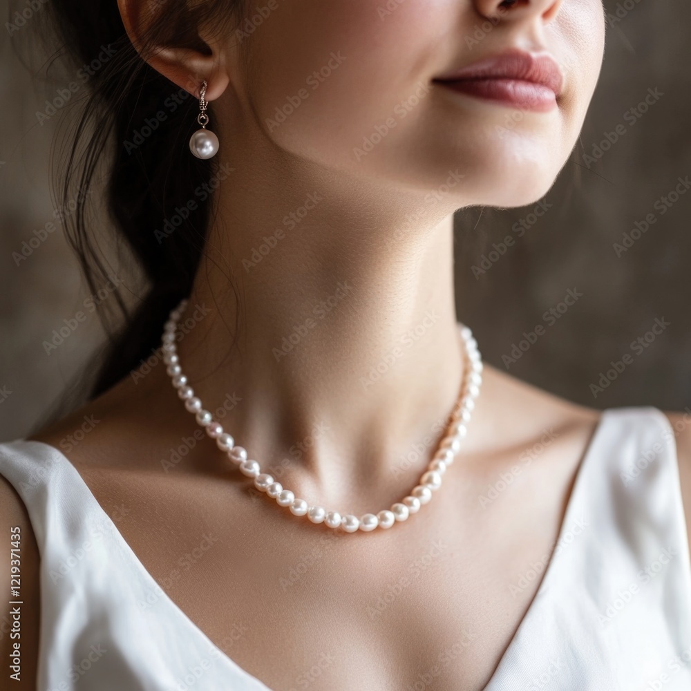 A woman wearing a pearl necklace and earrings, a classic and elegant look A woman wearing a pearl necklace and earrings, a classic and elegant look
