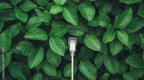Green Energy Concept Power Cable Emerging from Lush Greenery