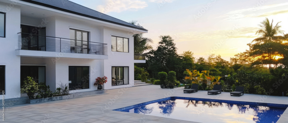 Fototapeta premium Bright modern villa with pool and sunset view in tropical landscape
