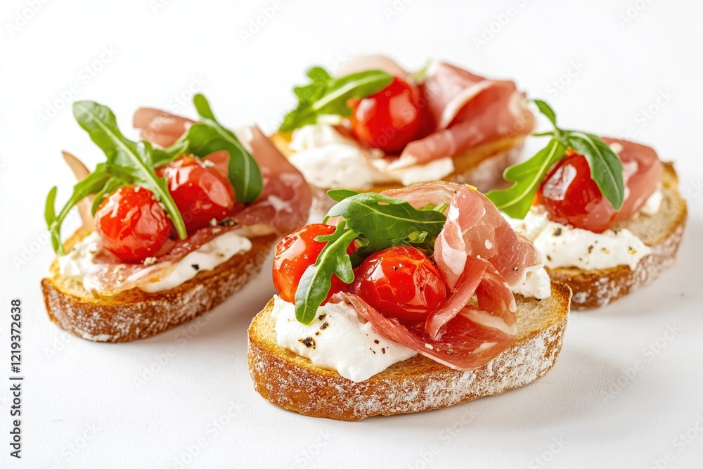 Mini bruschetta appetizers presented on white background. Selection of small, rustic Italian bites shows prosciutto, cherry tomatoes, fresh arugula, creamy cheese spread. Delicious mini snacks Mini bruschetta appetizers presented on white background. Selection of small, rustic Italian bites shows prosciutto, cherry tomatoes, fresh arugula, creamy cheese spread. Delicious mini snacks