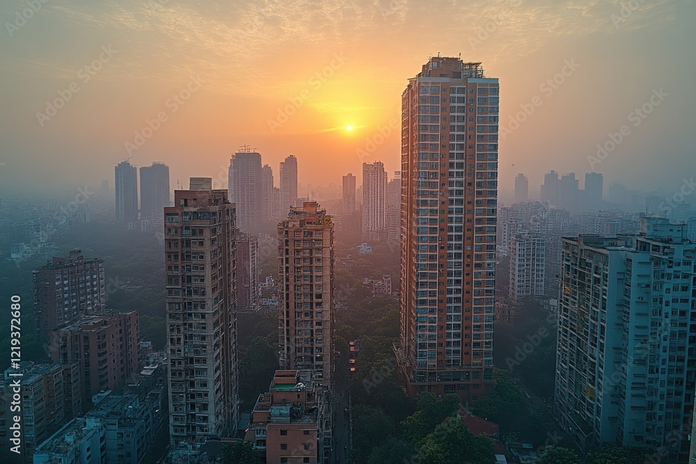 Fototapeta premium A city skyline at sunset with tall buildings and vibrant colors