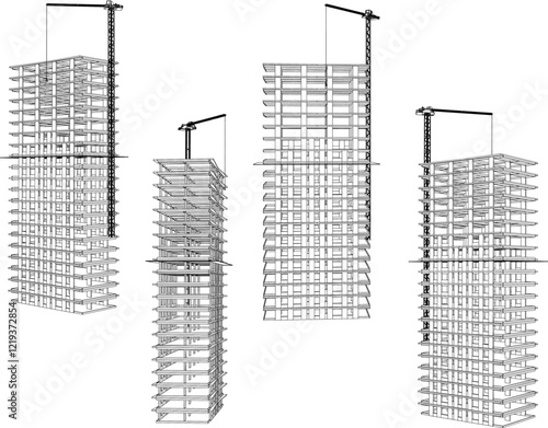 vector illustration of construction design of unfinished apartment hotel building under construction 
