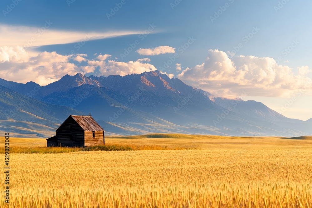 Golden wheat fields stretch towards the mountains under a bright blue sky with fluffy clouds Golden wheat fields stretch towards the mountains under a bright blue sky with fluffy clouds
